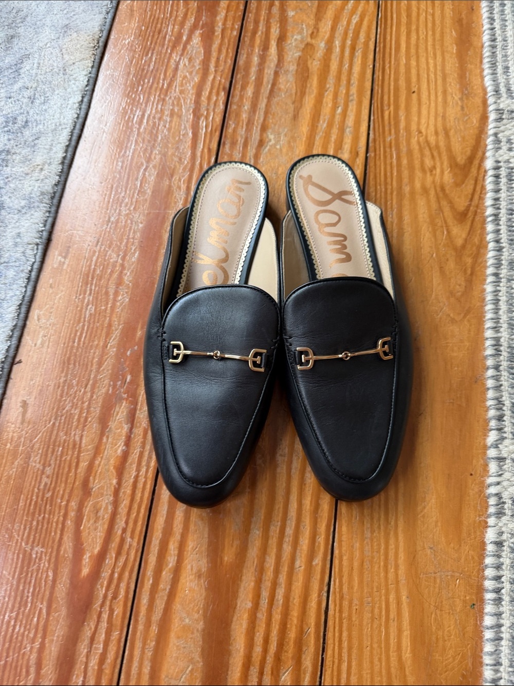 Sam Edelman Black Leather Backless Loafers with Gold Horsebit